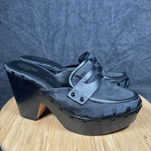 Coach Nalina Black Signature Canvas Chunky Platform Loafer Clogs Size 9 B - Picture 1 of 8